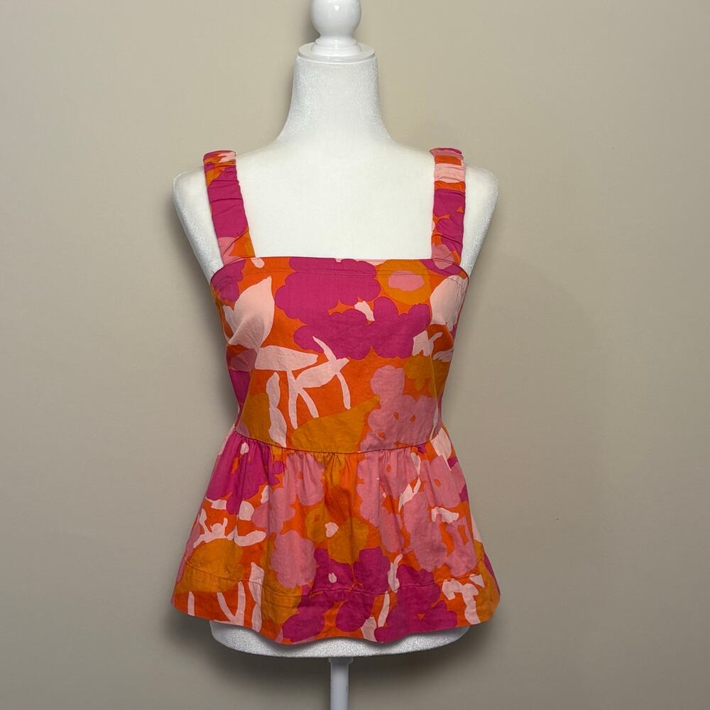 Free Assembly Babydoll Top Women's S Pink Orange Floral 100% Cotton